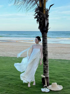 Elegant White Morning Robe Gown with Sash Oversize Skirt Atmosphere Sensation Island Vacation Style Fairy Tale Long Dress