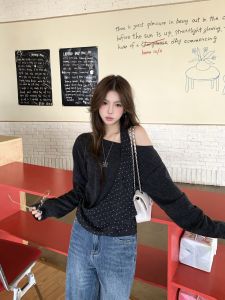 Elegant Long Sleeve Shoulder Bared T Shirt Womens Autumn Winter Slimming Stylish Casual Fashion Commute Suitable Top