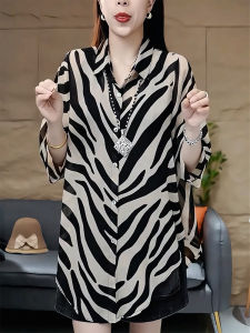 QINGNAER | Slimming Manor Style Oversized Striped Turn-down Collar 3/4 Sleeve Shirt