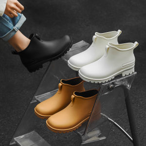 Trendy Rain Boots Womens Short Tube Rain Shoes Waterproof and Hard-Wearing Fashion Couple Work Clothing Increased Cotton Fashionable Thickened Flats Men