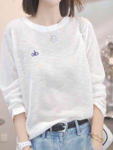 Ice Silk Womens Summer Thin Loose Long Sleeve T-Shirt Simple Letter Print Fashionable Beautiful Cover up Top Korean Style