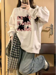 Thickened round Neck Long Sleeve Hoodless Pure Cotton Sweatshirt Womens Autumn Winter Loose Fit Cat Print Comfortable Top