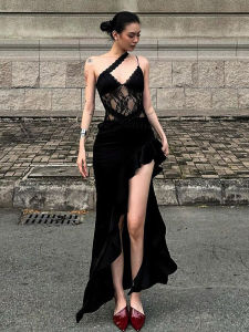 Kliou Lace Splice Strapless Long Dress Womens Design Sense Slit Slimming Asymmetrical Summer Fashion High Waist Polyester