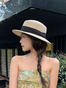 Elegant Flat-Topped Straw Hat Womens Fashionable Sunscreen Hat Butterfly Knot Wide Brim Basket Weave Paper Straw Hat