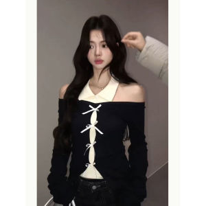 Áo Len Dệt Kim Cổ Bẻ Thắt Nút Bướm Nữ Thu Đông Áo Lót Hai Mảnh Ôm Vừa Vặn Áo Sơ Mi Cổ Polo Dài Tay Thường