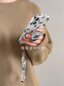 Adorable Girl Heart Pink Bowknot Full Screen Black Cat Phone Case with Bracelet Stand Suitable for  16Promax 15Pro Protective Cover 13 14 Anti Drop High End Shell