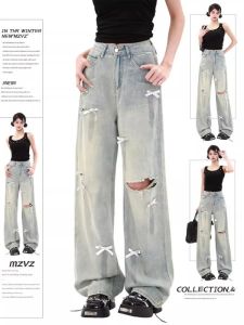 กางเกงยีนส์ทรงหลวมเอวสูงทรงหลวมสำหรับผู้หญิงไซส์ใหญ่ ฤดูใบไม้ร่วง/ฤดูหนาว กางเกงขายาวทรงขากว้างแบบบาง สไตล์อเมริกัน ดีไซน์ลายผีเสื้อขาด