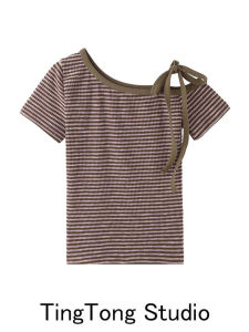 Áo Thun Nữ Tay Ngắn Kẻ Sọc Màu Tím Hở Vai Mùa Hè Phong Cách Hàn Quốc Thiết Kế Dây Buộc Gợi Cảm Dáng Ôm Vừa Vặn