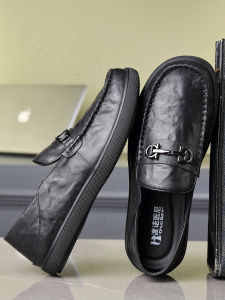 Casual Leather Shoes Men Breathable Summer Thin Slip-On Cowhide Lazy Bean Shoes Genuine Leather round Toe Flat Heel Rubber Sole