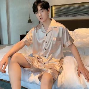 Summer Mens Short Sleeve Ice Silk Sleepwear plus Size Extra Large 300 Pounds Fat Man Thin Real Silk Home Clothes Set 2