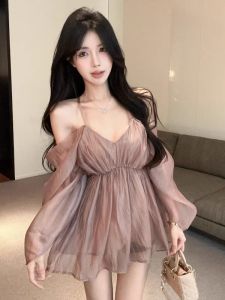 GUZILIAN | Slimming Design Sensual Strap Long Sleeve Shirt Women Early Autumn New Style Pure Desire Lace Shoulder Exposure Belted Shirt