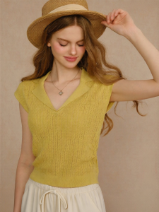 BANANA CICI | Summer French Lace Hollow V-Neck Cinched Waist Ramie Blended Knitwear