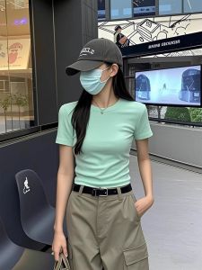 Áo Thun Nữ Cổ Tròn Màu Xanh Lá Cây Mint Dáng Ôm Mùa Hè 2025 Tay Ngắn Chất Liệu Cotton Phong Cách Cơ Bản