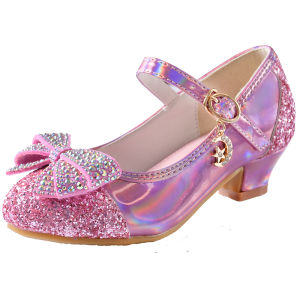 Princess Dance Performance Crystal Shoes Girls Single High Heels Shiny Sequin Pink Childrens Footwear Small Medium Children
