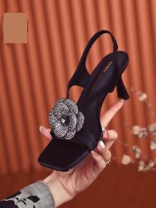 Fashion Rhinestone Camellia Open Toe High Heels Womens Stiletto Heel Slingback Sandals Elastic Band Pure Color 2024 New Arrival