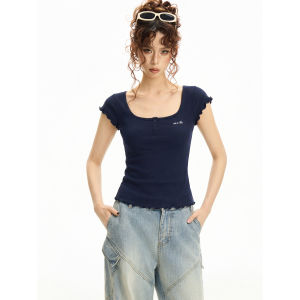 EVPGB | Flattering Slim Blue Square Collar Short Sleeve T-Shirt