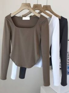 Womens Slim Fit Long Sleeve U-Neck T-Shirt Short Style Base Layer Shirt Inner Wear Pure Desire Spicy Short Sweet Top
