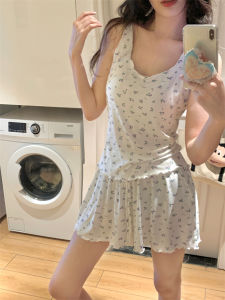 สไตล์เกาหลี ลายดอก ชุดนอน ชุด ผู้หญิง ฤดูร้อน เสื้อผ้าใส่ในบ้านสลิงแขนสั้น เสื้อท่อนบน มีแผ่นรองหน้าอก Pure ผ้าฝ้าย กางเกงขาสั้น