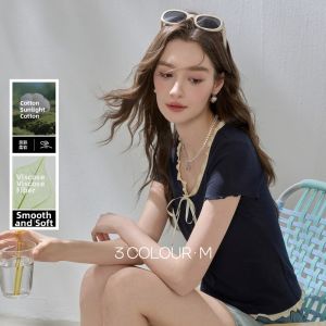 3COLOUR·S | Ruffled Tie Round Neck Illusion Two-Piece Slimming T-Shirt