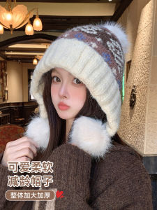 Thickened Fleece Knitted Winter Hat for Women Skiing Island Style Ear Protection Knob Large Head Circumference Hooded Cap