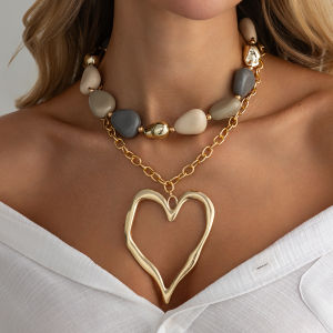 Ingemark | Ingemark 2Pcs/Set Bohemian Resin Bead Chains Chokers Necklace Women Retro Metal Hollow Big Heart Pendant Necklace Party Jewelry