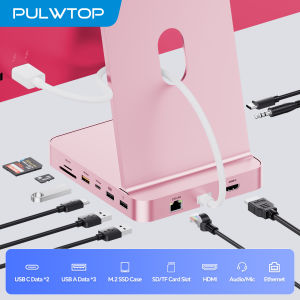 PULWTOP 11-in-2 USB C Hub for iMac 24 Inch 2021/2023/2024 with 4K HDMI Ethernet USB A/C 10Gbps SD/TF M.2 SSD Enclosure-Pink