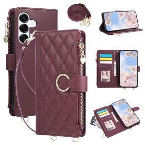 Quilted Zipper Wallet Phone Case For Samsung S26 Ultra S25 S24 Plus S23 FE A57 A37 A17 Crossbody Strap Leather Card Holder Cover