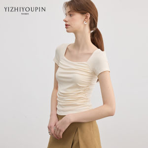 Summer New Womens Short Sleeve T-Shirt Square Collar Waist Cinching Design Slimming Short Length Casual Style Top