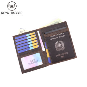 Royal Bagger Travel Passport Holder for Men Crazy Horse Leather Cowhide Vintage Wallet Purse Large Capacity Card Holders 1465