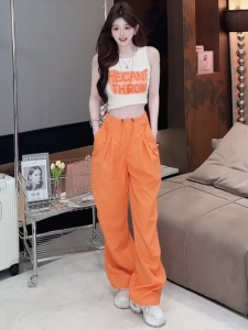 Fashion Wear a Set of Womens Summer Letter Print Vest Tops Loose High Waist Casual Working Pants Two-piece Set