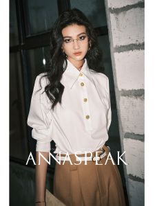 เสื้อเชิ้ตผู้หญิงแขนยาวผ้าฝ้ายไนลอนยาวเนื้อเนียนสีขาวแบบไม่สมมาตรจาก Annaspeak คอลเลกชั่นฤดูใบไม้ร่วง 2025