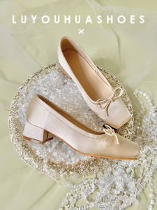 French Style Genuine Leather Mary Jane Shoes for Women with Bow Knot Ballet Fashion Thick Heel Semi-Up Open Mouth Slip-On