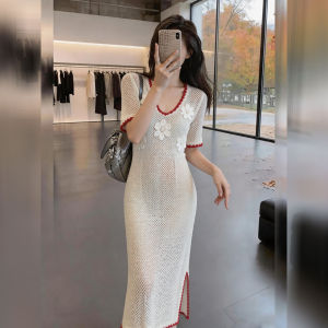 DANTING | French V-Neck Light Beige Knitted Floral Long Dress