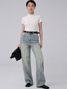 High Waist Straight Leg Vintage Patchwork Denim Jeans Womens Autumn Style High Quality Slimming Long Trousers