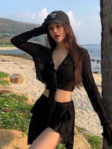 ชุดว่ายน้ำบิกินี่แขนยาวลูกไม้เซ็กซี่สำหรับผู้หญิง ชุดว่ายน้ำแยกส่วน 4 ชิ้น สำหรับการพักผ่อนชายหาดและอบตากลางแจ้ง