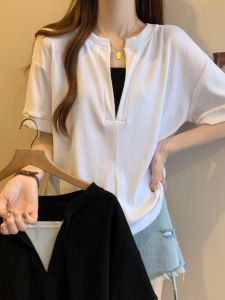 plus Size Womens Loose Fit Short Sleeve V-Neck T-Shirt Design Sensation Slimming Appearances Summer New Style Korean Version