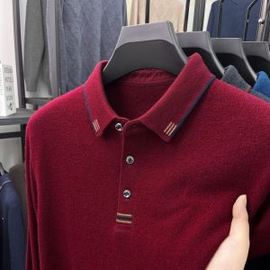 เสื้อสเวตเตอร์คอปกตั้งทรงหลวมผ้าขนสัตว์สำหรับผู้ชาย สีแดง ถักนิตติ้ง ทรงปกติ เสื้อคลุมแบบสวมหัว ขนสัตว์แท้ 100% ฤดูหนาว