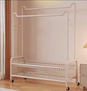 Double Poles Metal Coat Rail Storage Shelf Heavy Duty Clothes Rail Double Clothes Rack Clothes Rails for Bedroom with Wheels