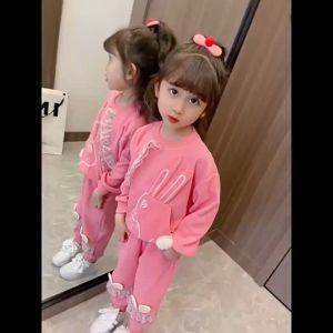 WANDER เสื้อผ้าเด็กผญ ชุดเช็ตเด็กผญ แฟชั่นลายกระต่ายสามมิติ เซ็ตเสื้อสเวตเตอร์เด็กผู้หญิงวาฟเฟิลสไตล์เกาหลี 2 ชิ้น