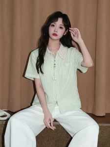ZISUO | Áo Blouse Tay Ngắn Cổ Xếp Đính Ren Kết Hợp Dây Kéo Đôi Có Sọc Xanh