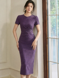 Roey s house | Light Elegant Work Stripe Dress Round Neck Slim Midi