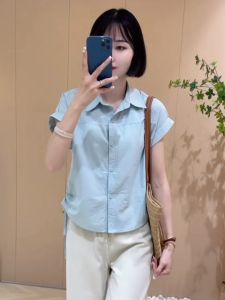 Elegant Pure Color Short Sleeve Shirt Womens Summer New Fold Collar Waist Cinch Design Korean Style Straight Cut Silk Top