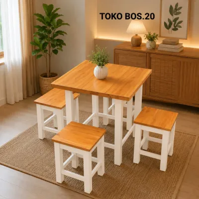 Set Meja Makan 4 Kursi Kayu Warna Putih Natural Glosy – Cocok untuk Cafe Warung & Outdoor