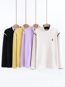 Fashionable Embroidered Color Block Base Shirt Half High Collar plus Size Womens Clothing Versatile Autumn Winter Top NINI909