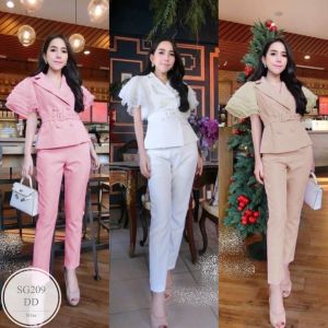 ML209 Set 3 ชิ้น เสื้อปกสูทแขนระบายผ้าแก้ว กับเข็มขัด มาพร้อมกางเกงขายาว เนื้อผ้าซาร่า ใส่แล้วน่ารักมากความยาวพอเหมาะ ไม่มีเอ้าท์ ง
