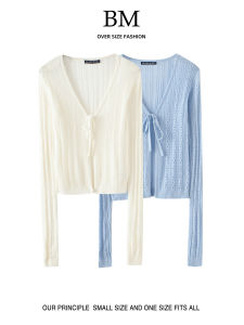 Áo Len Cardigan Khoét Lỗ Bằng Lụa Băng Mỏng Có Dây Buộc BM Fashion Áo Khoác Ngoài Chống Nắng Dài Tay Cổ Chữ V Màu Trơn Thường Ngày Mùa Thu