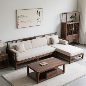 New Chinese Style Corner Sofa Queen Size Recliner Straight Row Three-Seater Living Room North America Black Walnut Wood