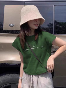เสื้อยืดแขนสั้นผ้าฝ้ายแท้สีเขียวสไตล์เกาหลีสำหรับฤดูร้อน เสื้อตัวสั้นทรงเข้ารูป เสื้อแฟชั่นสำหรับผู้หญิง แขนกระดิ่ง ทรงเข้ารูป