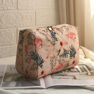 Waterproof Cosmetic Bag Large Flamingo Print for Travel Organized Storage with Multiple Compartments