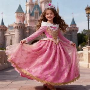 Girl Aurora Princess Dress Children Luxurious Cosplay Costume Rose Pink Briar Rose Outfit Kids Carnival Birthday Party Clothing